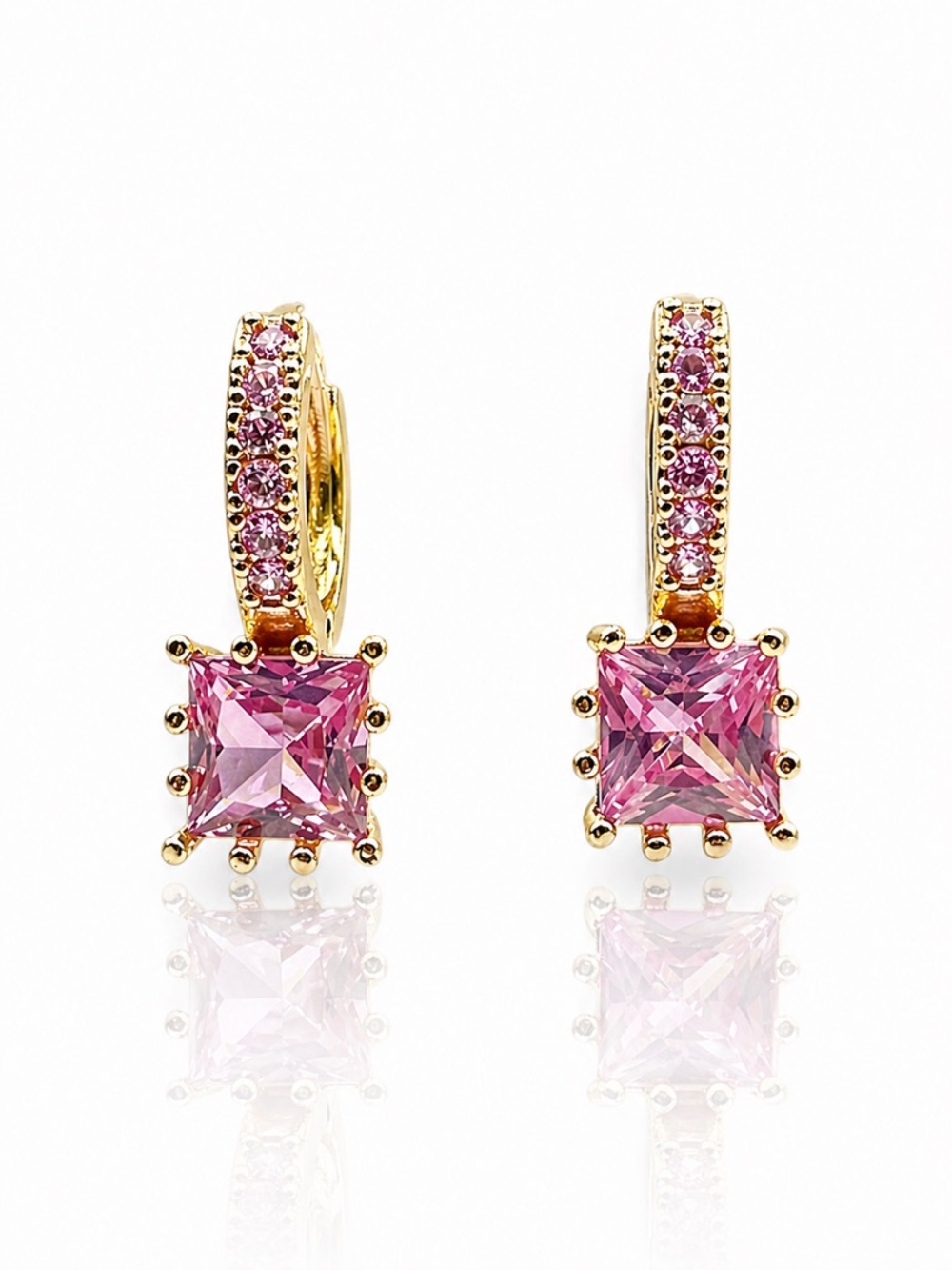 Gold Filled Pink CZ Drop Huggies
